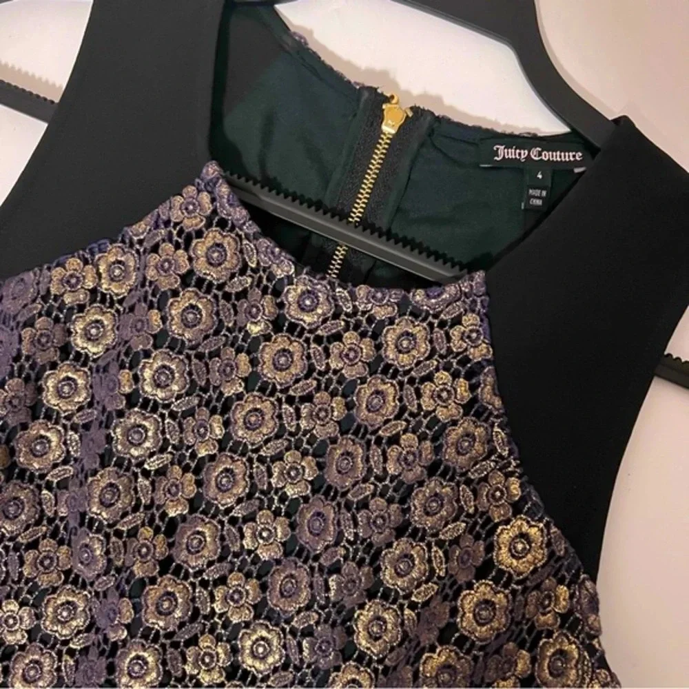 Juicy Couture Gold Overlay Embroidered Black Dress Size 4 - Picture 11 of 12